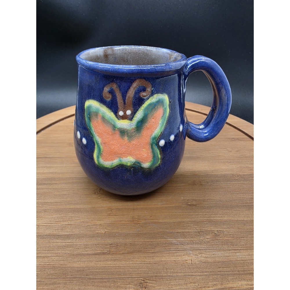 Earthworks Barbados Pottery Butterfly Handmade Blue Ceramic Coffee Mug Large